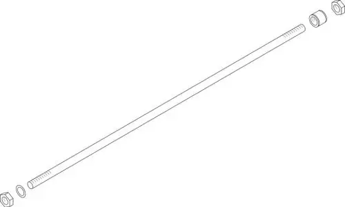 Zeichnung einer Ankerstange mit zwei Schraubmutter-Elementen. Die Stange ist lang und gerade, die Muttern unterschiedlich geformt. Produkt von Bosch.